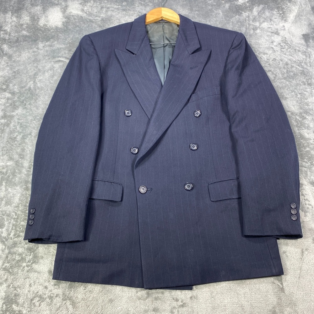 Vintage Nino Cerruti Blazer Jacket 40R Blue Stripe Wool Double Breasted Made USA